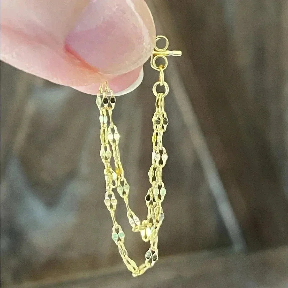 Flashy Double Chain Gold Plated 925 Sterling Silver Earrings NEW